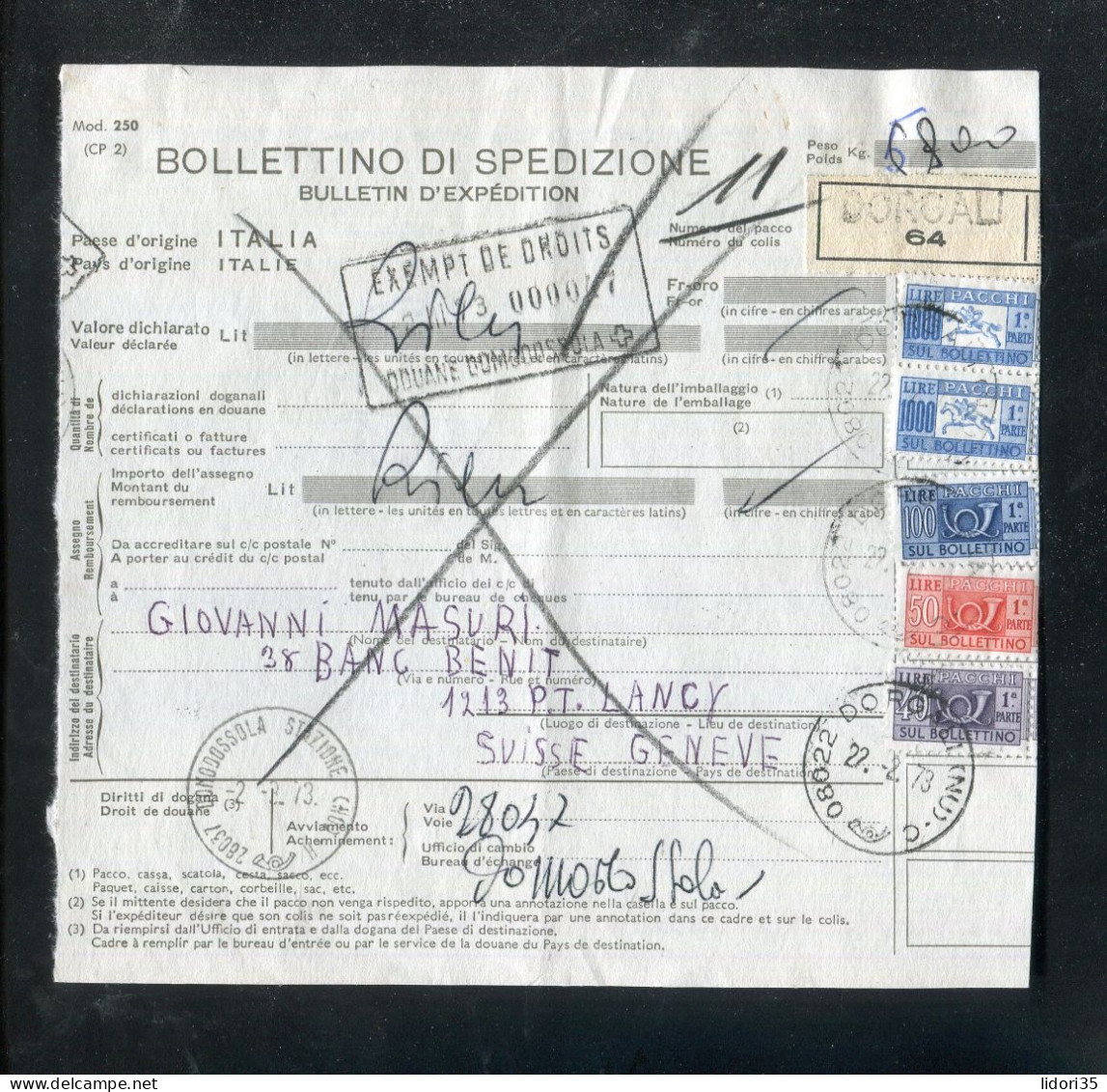 "ITALIEN" 1973, Auslands-Paketkarte Ex DOROAU In Die Schweiz, Frankatur ! (L1176) - Postal Parcels