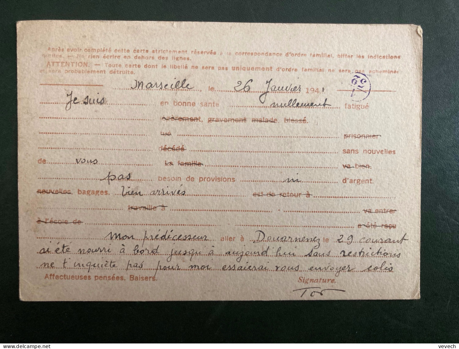 CP EP IRIS 0,90 OBL.MEC.26 JANV 41 MARSEILLE GARE (13) EXP: Victor CELTON Chef Mien "FORT DE SOUVILLE"  Pour BRUNOY (91) - Guerra Del 1939-45