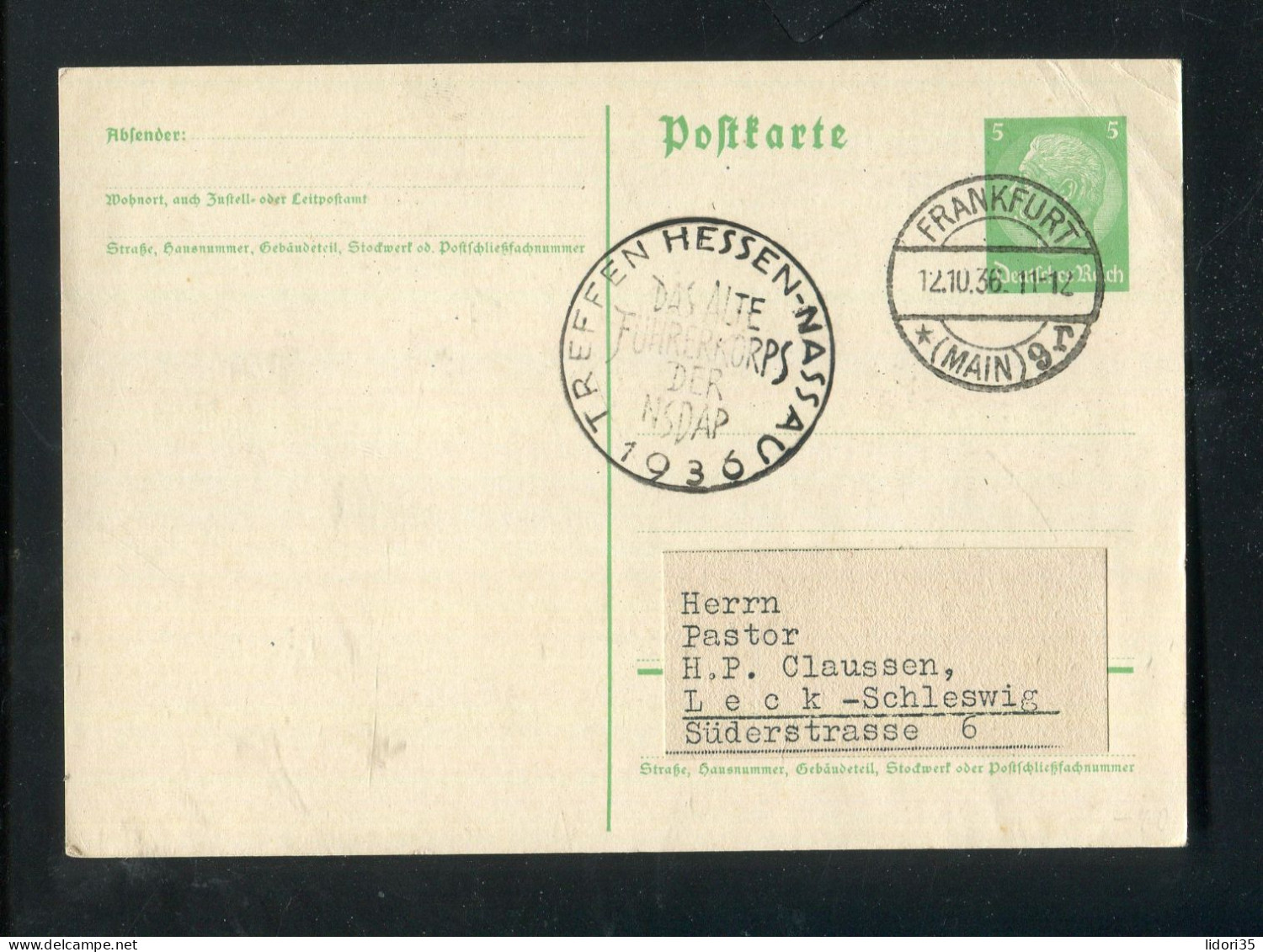 "DEUTSCHES REICH" 1936, Postkarte Stegstempel "FRANKFURT" Und Nebenstempel "TREFFEN FUEHRERKORPS DER NSDAP" (L1177) - Briefkaarten