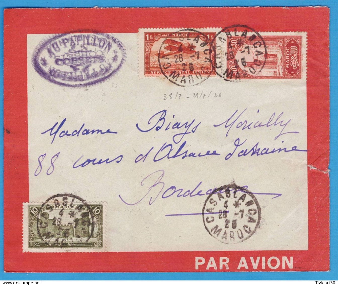 LETTRE PAR AVION DE 1926 - LIGNES AERIENNES LATECOERE FRANCE-MAROC - CASABLANCA (MAROC) POUR BORDEAUX - Poste Aérienne