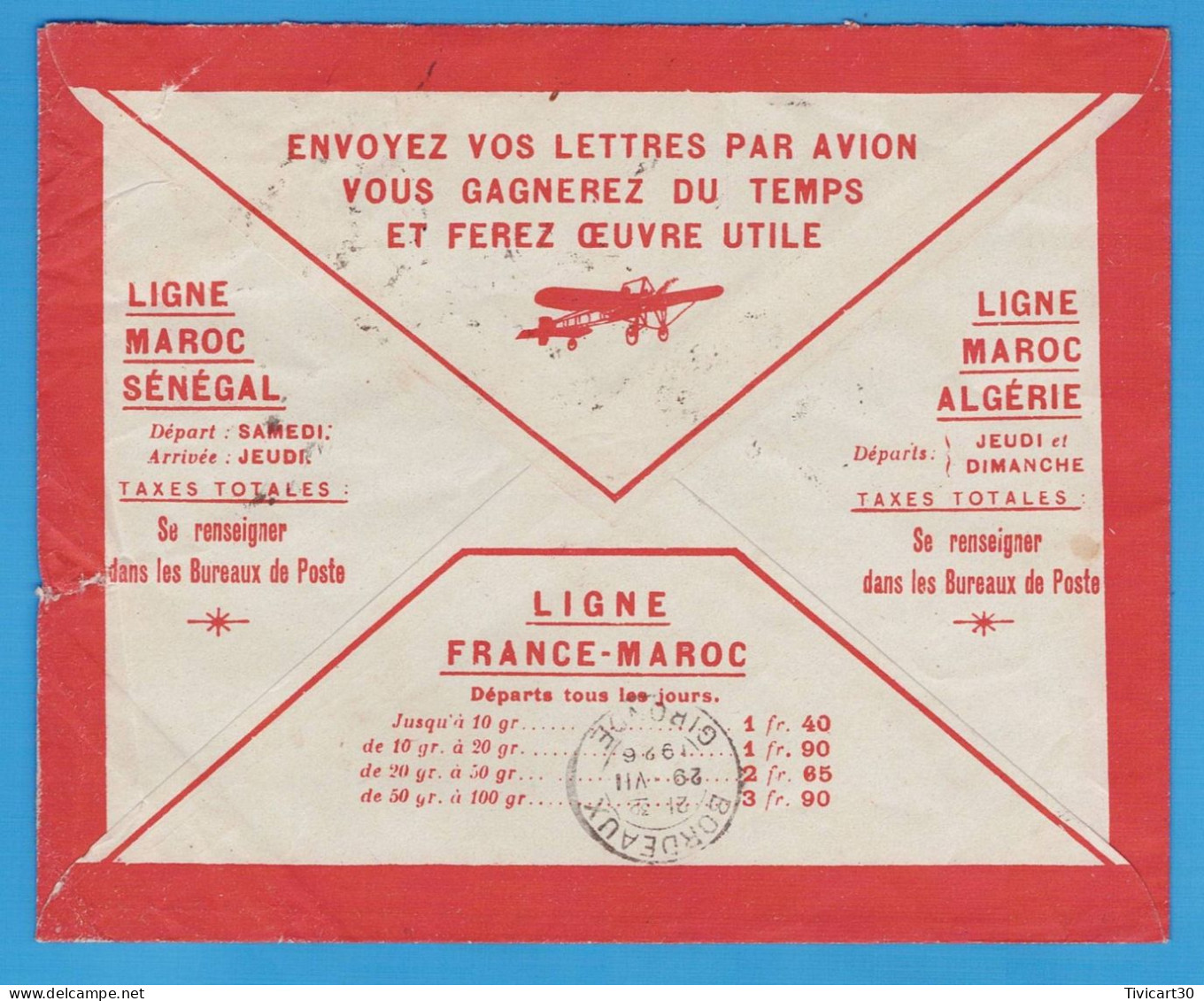 LETTRE PAR AVION DE 1926 - LIGNES AERIENNES LATECOERE FRANCE-MAROC - CASABLANCA (MAROC) POUR BORDEAUX - Poste Aérienne