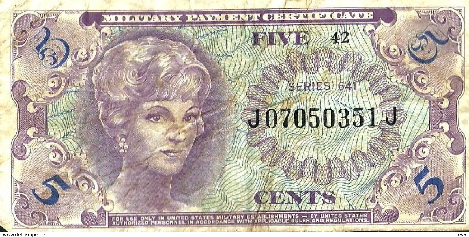 USA UNITED STATES 5 CENTS MILITARY CERTIFICATE PURPLE WOMAN SERIES 641 VF ND(1965-68) PM57a READ DESCRIPTION CAREFULLY!! - 1965-1968 - Serie 641