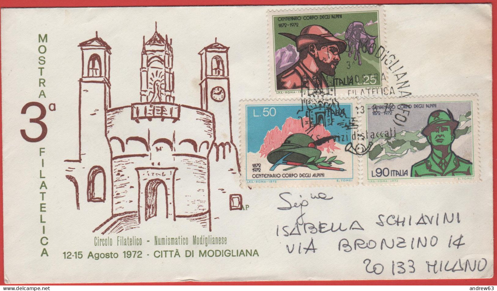 ITALIA - Storia Postale Repubblica - 1972 - 25 + 50 + 90 Centenario Della Fondazione Del Corpo Degli Alpini (Serie Compl - 1971-80: Marcophilie