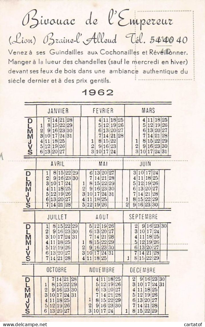 BIVOUAC De L'EMPEREUR . Braine L'Alleud .  Calendrier 1962 . WATERLOO - Hotelkarten