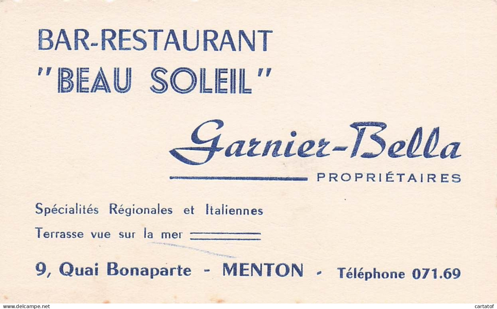 Bar Restaurant BEAU SOLEIL . Garnier-Bella . MENTON  - Hotel Keycards