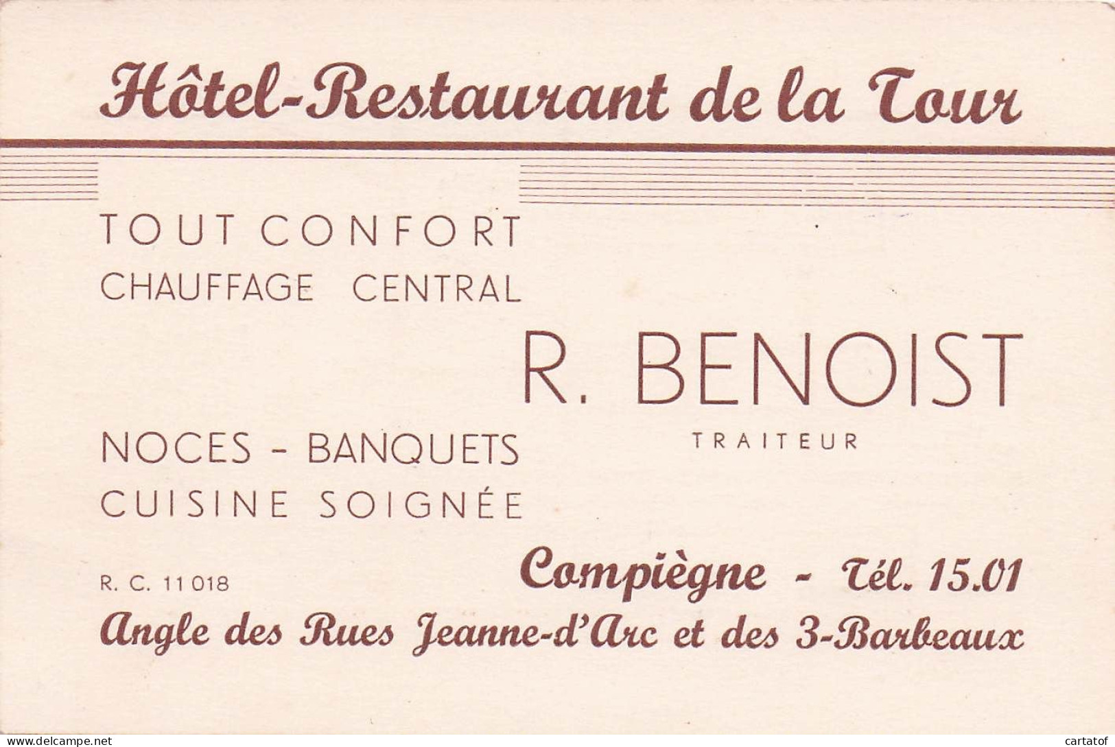 Hôtel Restaurant DE LA TOUR . R. BENOIST .  COMPIEGNE - Cartas De Hotels