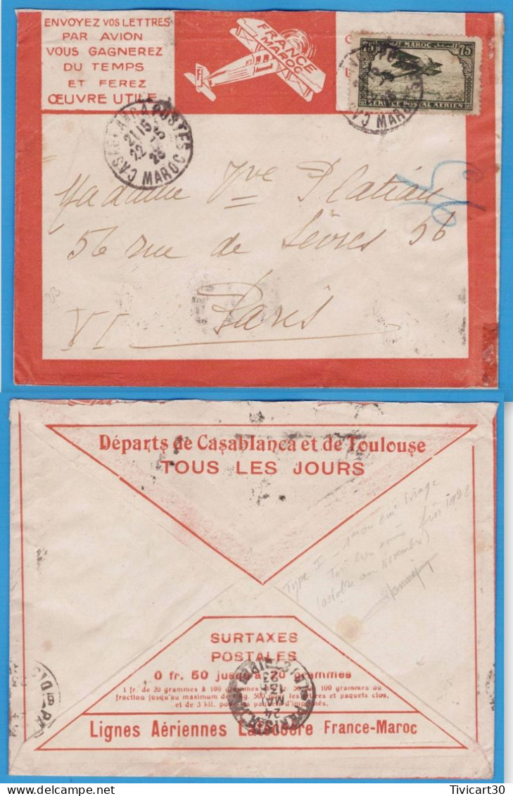 LETTRE PAR AVION DE 1923 - LIGNES AERIENNES LATECOERE FRANCE-MAROC - CASABLANCA (MAROC) POUR PARIS - Poste Aérienne