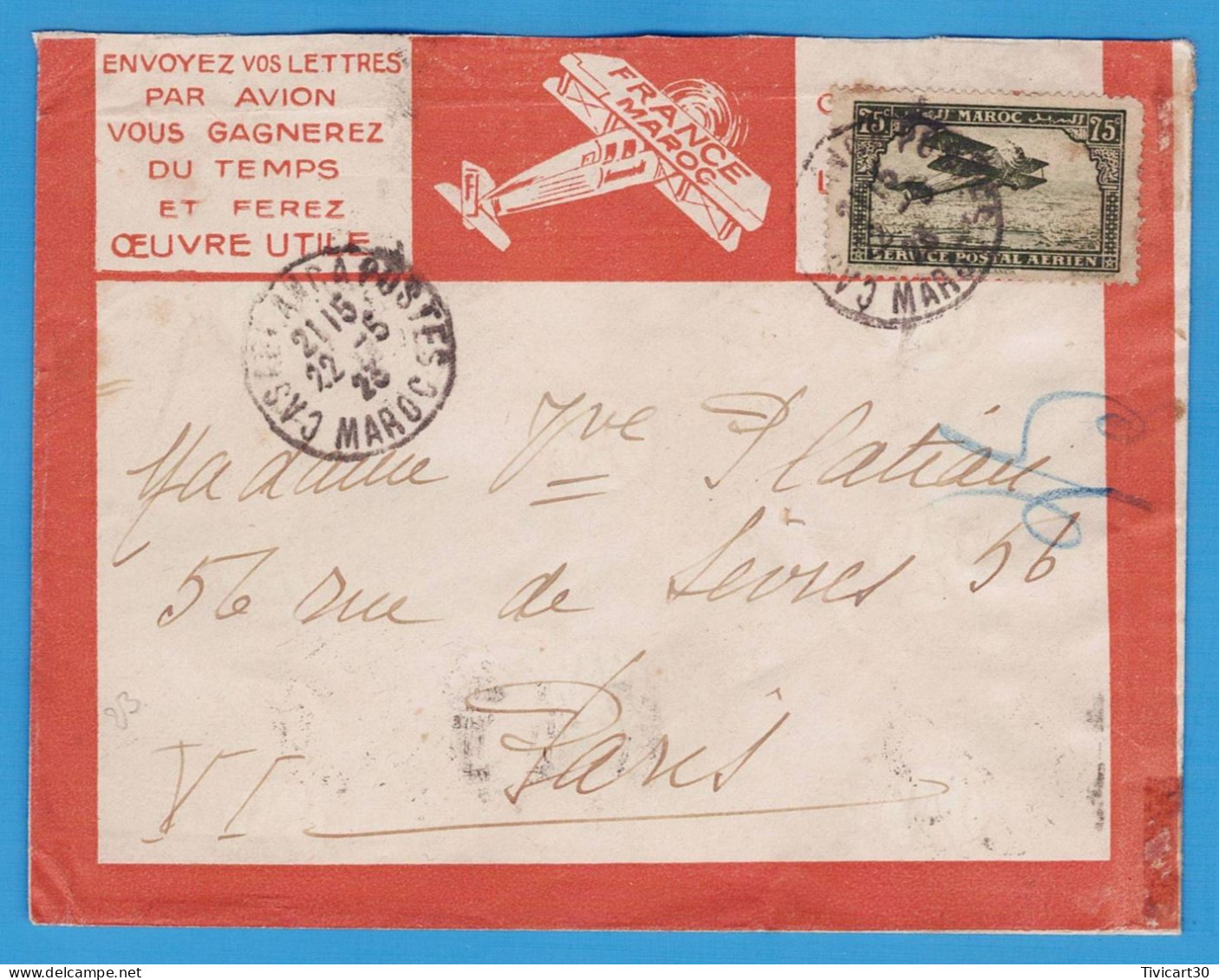 LETTRE PAR AVION DE 1923 - LIGNES AERIENNES LATECOERE FRANCE-MAROC - CASABLANCA (MAROC) POUR PARIS - Luchtpost
