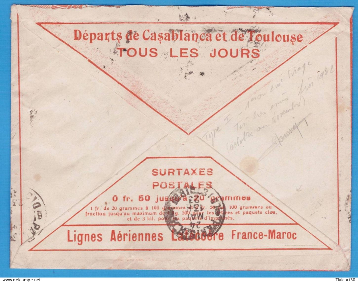 LETTRE PAR AVION DE 1923 - LIGNES AERIENNES LATECOERE FRANCE-MAROC - CASABLANCA (MAROC) POUR PARIS - Airmail