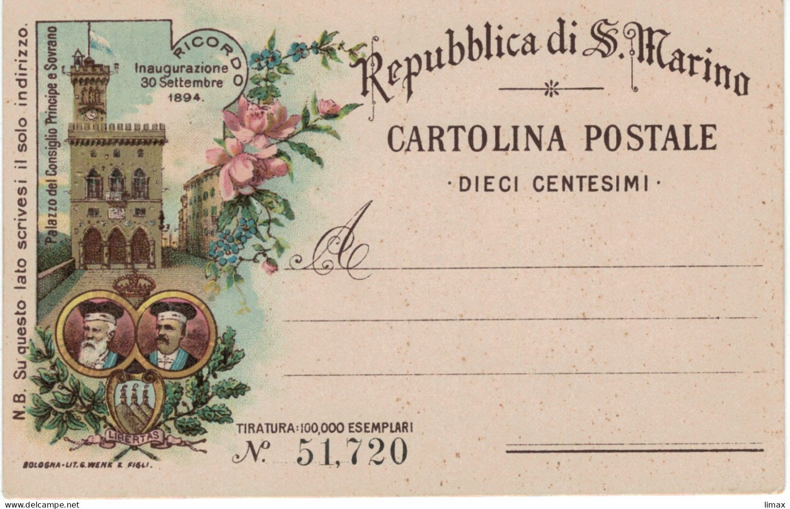 Ganzsache Ungebraucht 1894 Palazzovdel Consiglio Principe E Sovrano - No. 51720 - Postal Stationery