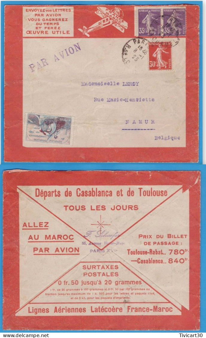 LETTRE PAR AVION DE 1923 - LIGNES AERIENNES LATECOERE FRANCE-MAROC - PARIS POUR NAMUR (BELGIQUE) - VIGNETTE GUYNEMER - 1927-1959 Briefe & Dokumente