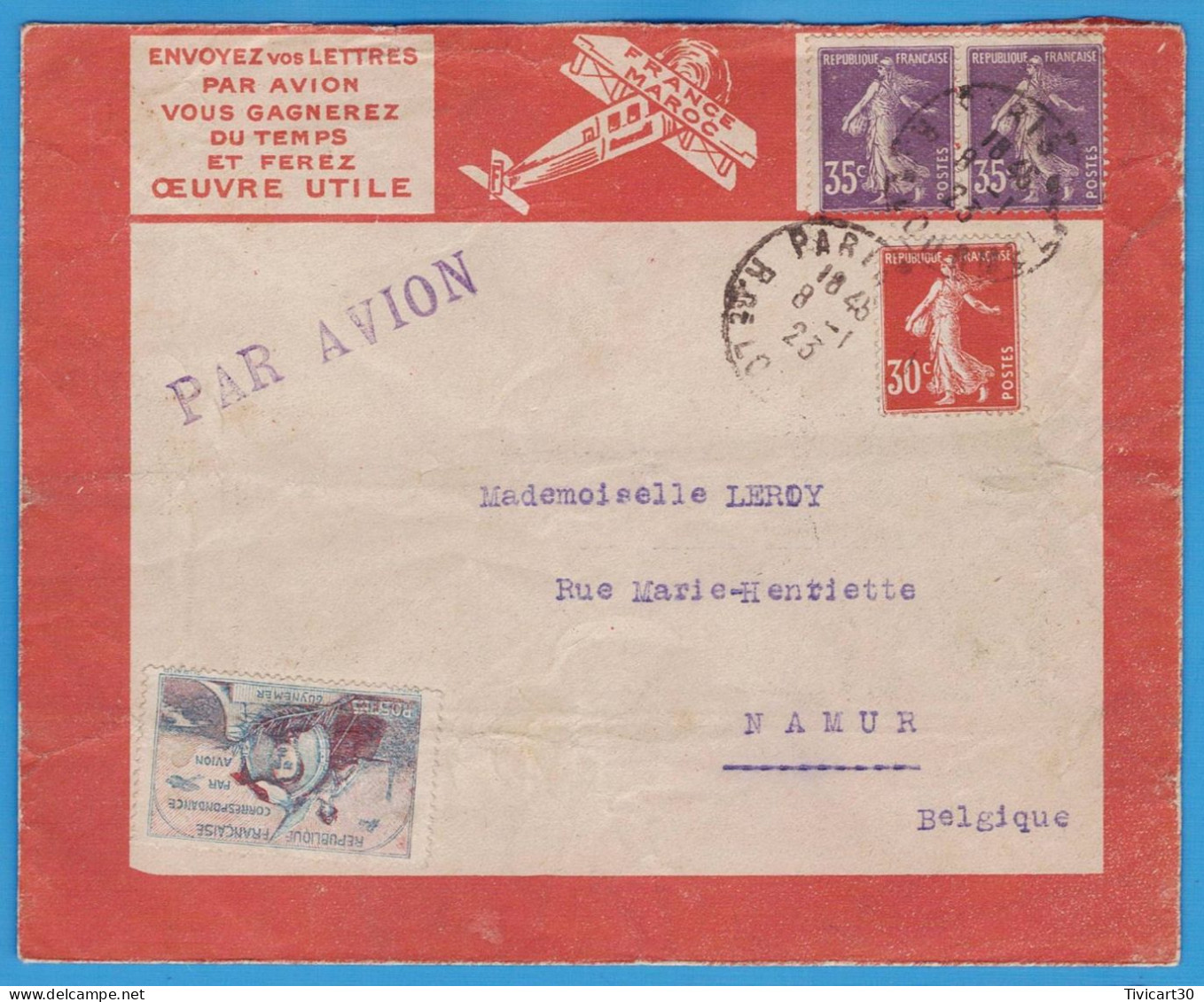 LETTRE PAR AVION DE 1923 - LIGNES AERIENNES LATECOERE FRANCE-MAROC - PARIS POUR NAMUR (BELGIQUE) - VIGNETTE GUYNEMER - 1927-1959 Briefe & Dokumente