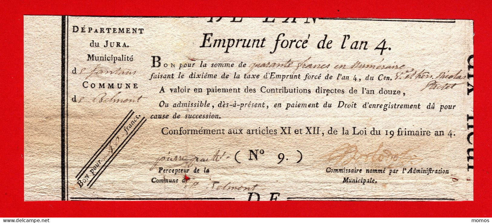 COUPON EMPRUNT FORCE AN IV (1795) - DEPARTEMENT = JURA - MUNICIPALITE = SANTANS - COMMUNE = BELMONT -  REVOLUTION - Assignats