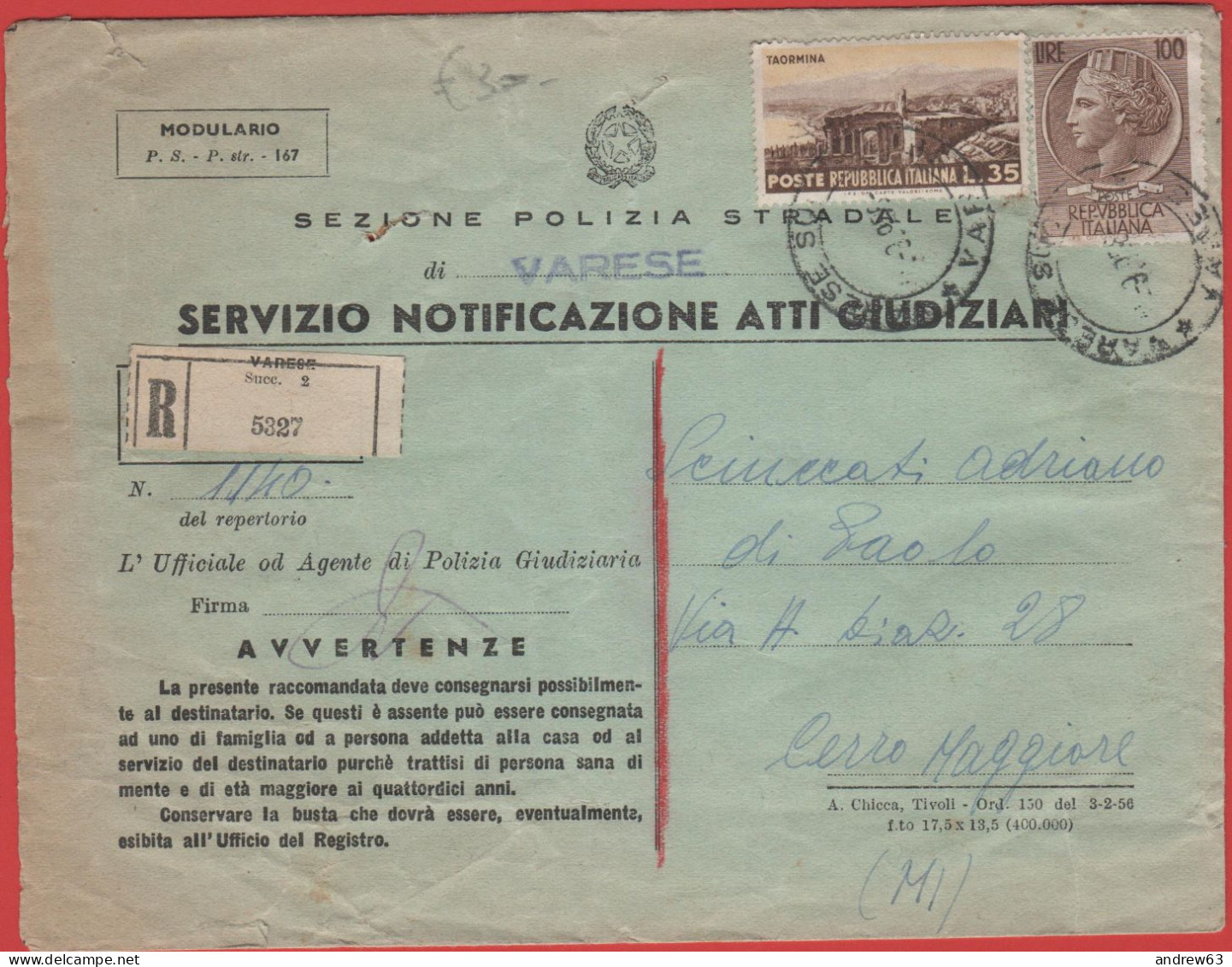 ITALIA - Storia Postale Repubblica - 1953 - 35 Propaganda Turistica, Taormina + 100 Alto Valore - Raccomandata - Viaggia - 1946-60: Marcophilie
