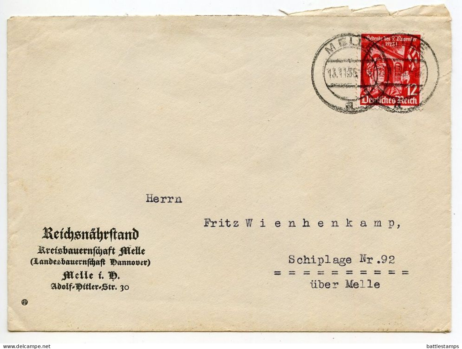 Germany 1935 Cover; Reichsnährstand Kreisbauernschaft Melle (Landesbauernschaft Hannover); 12pf. 1st Putsch 12th Anniv. - Brieven En Documenten