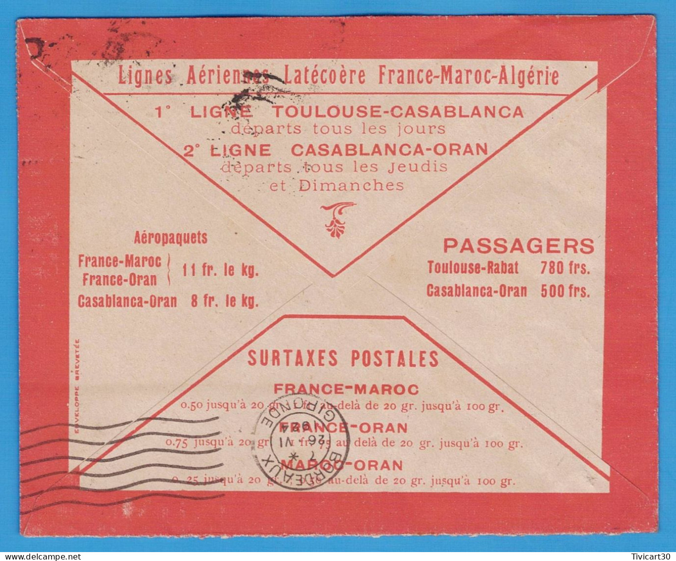 LETTRE PAR AVION DE 1924 - LIGNES AERIENNES LATECOERE FRANCE-MAROC-ALGERIE - CASABLANCA (MAROC) POUR BORDEAUX - Luftpost