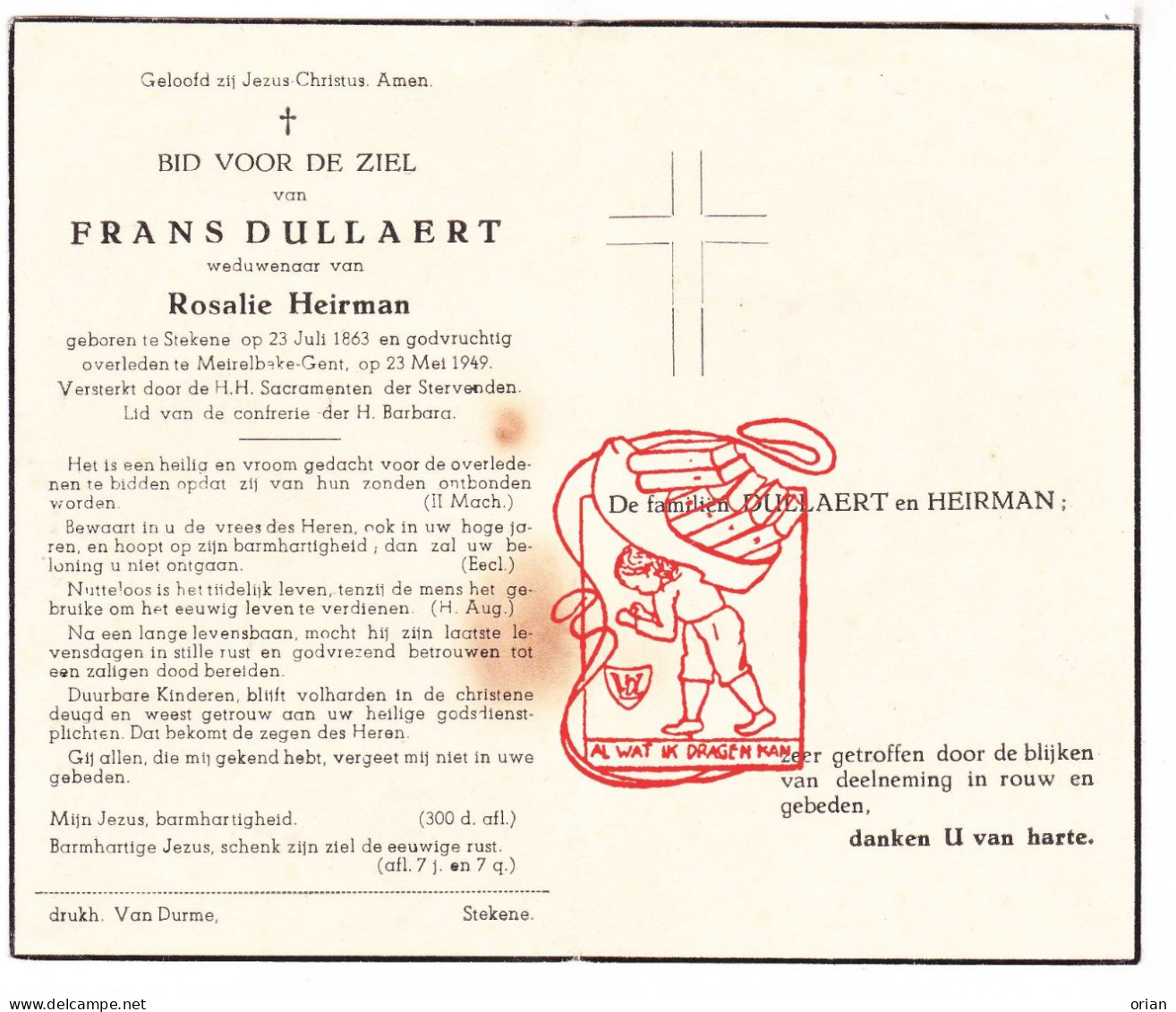 DP Frans Dullaert ° Stekene 1863 † Merelbeke 1949 X Rosalie Heirman - Devotion Images
