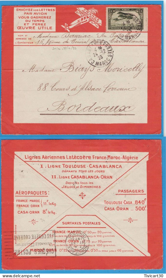 LETTRE PAR AVION DE 1923 - LIGNES AERIENNES LATECOERE FRANCE-MAROC-ALGERIE - CASABLANCA (MAROC) POUR BORDEAUX - Luftpost