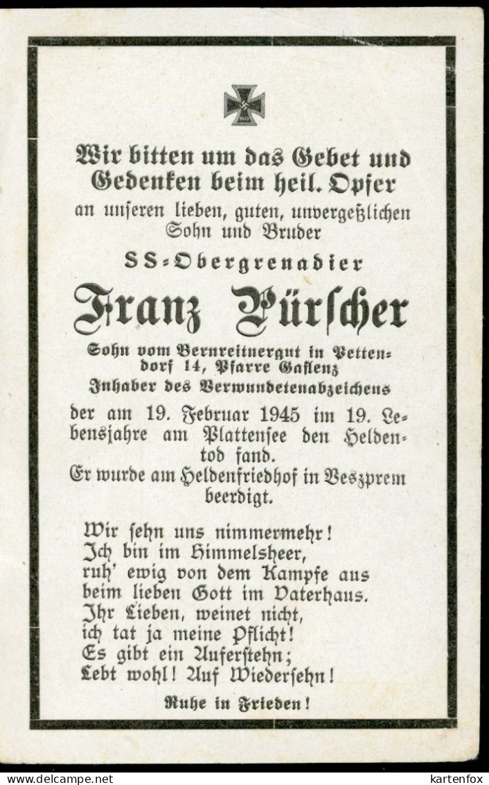 Sterbebild,Andenken, SS-Obergrenadier, 19.2.1945, Plattensee(Ungarn) Heldentod,19 Jahre, Gaflenz, Steyr - 1939-45