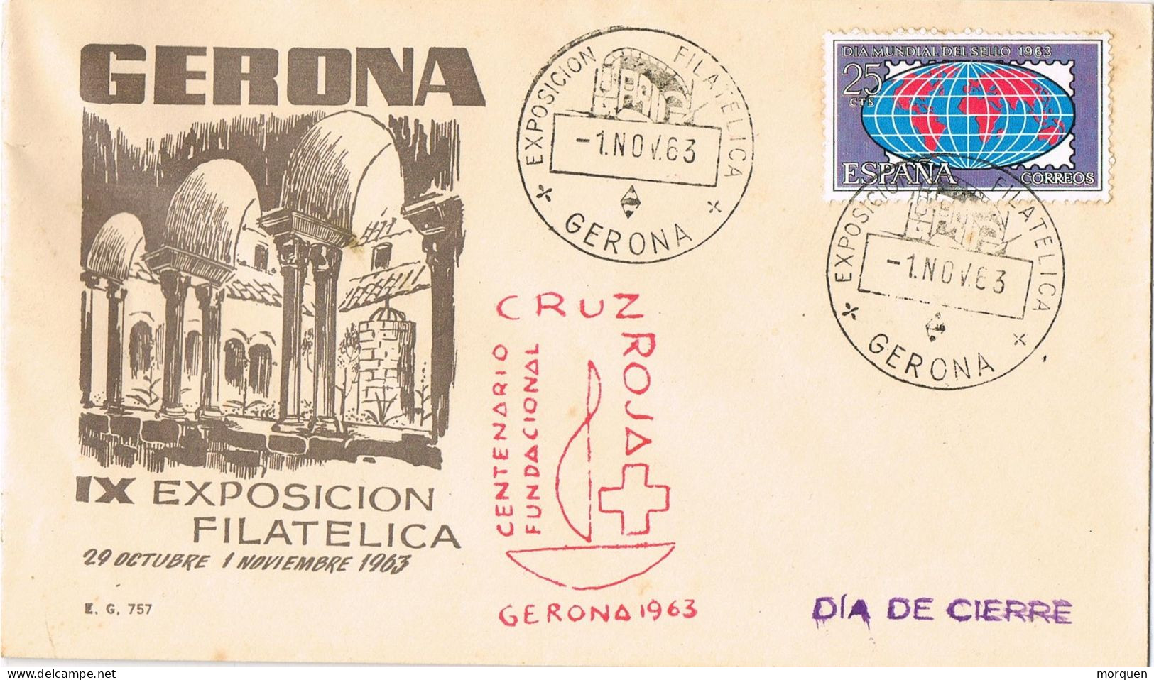 54989. Carta GERONA 1963. Exposicion Filatelica. Centenario Fundacion CRUZ ROJA - Covers & Documents