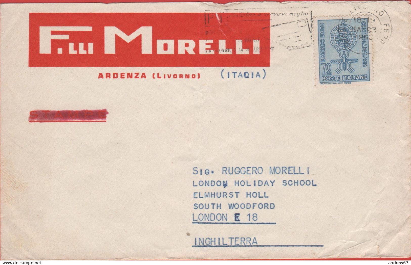 ITALIA - Storia Postale Repubblica - 1962 - 70 Campagna Contro La Malaria (Isolato) - Lettera Per Estero - Viaggiata Da - 1961-70: Marcophilie