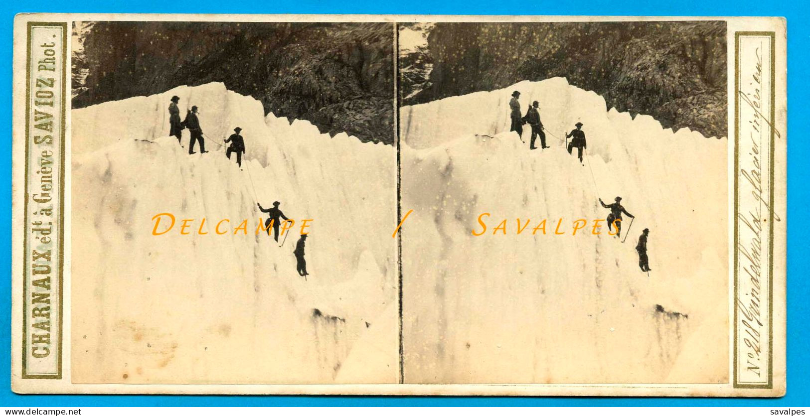 Suisse * Grindelwald Cordée Alpinistes Glacier Inférieur - Photo Stéréoscopique Savioz Vers 1865 - Stereo-Photographie