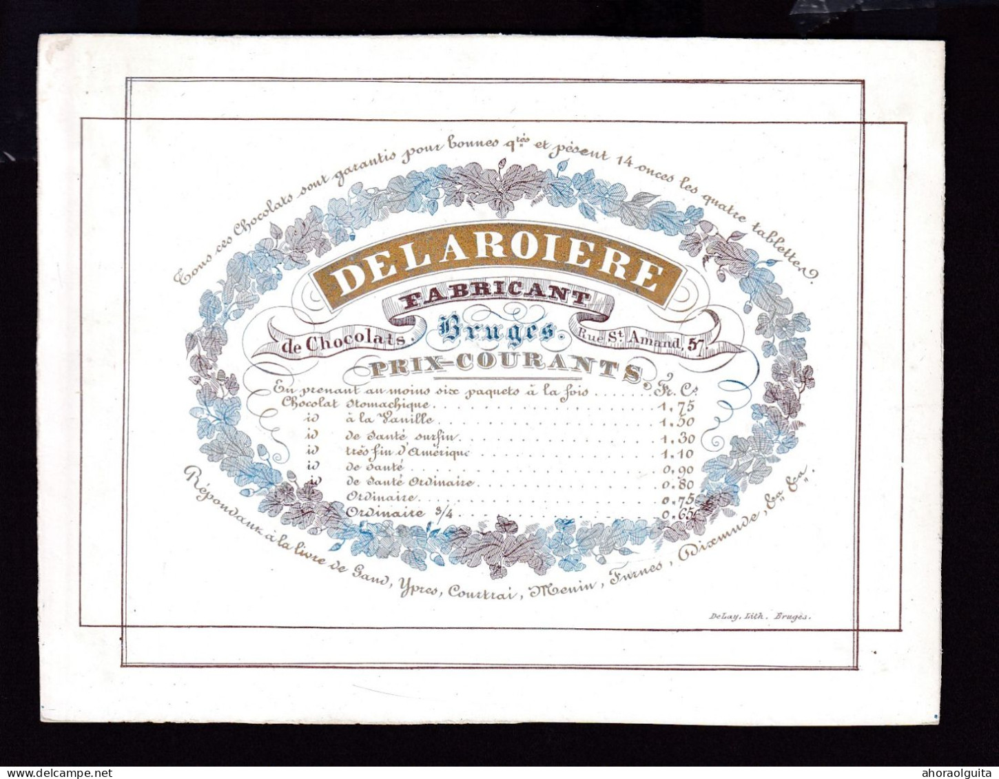 584/29 -- BRUGES CARTE PORCELAINE - Carte Illustrée Delaroiere, Fabricant De Chocolat  - Litho Années1840/50 - Visitekaartjes