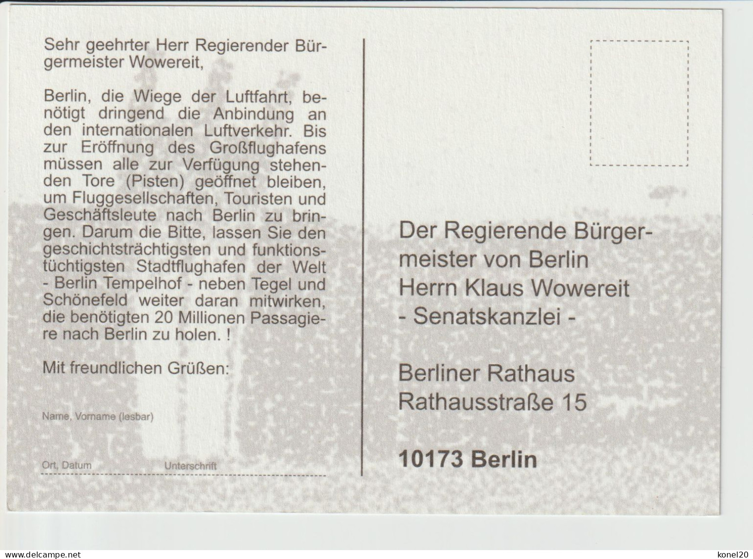 Pc To The Mayor Of Berlin To Keep Open Berlin Airport Tempelhof - 1919-1938: Between Wars