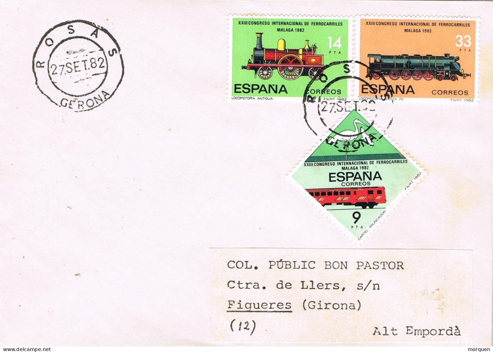 54990. Carta ROSAS (Gerona) 1982, Tema Ferrocarril. Congreso Ferrocarriles Malaga - Storia Postale