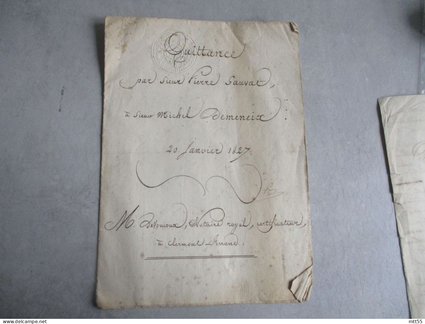 1827  PUY DE DOME  TIMBRE SEC  TIMBRE FISCAL QUITTANCE SAUVAT A NOHANENT POUR DEMENEIX A MENEIX - Manuscripten