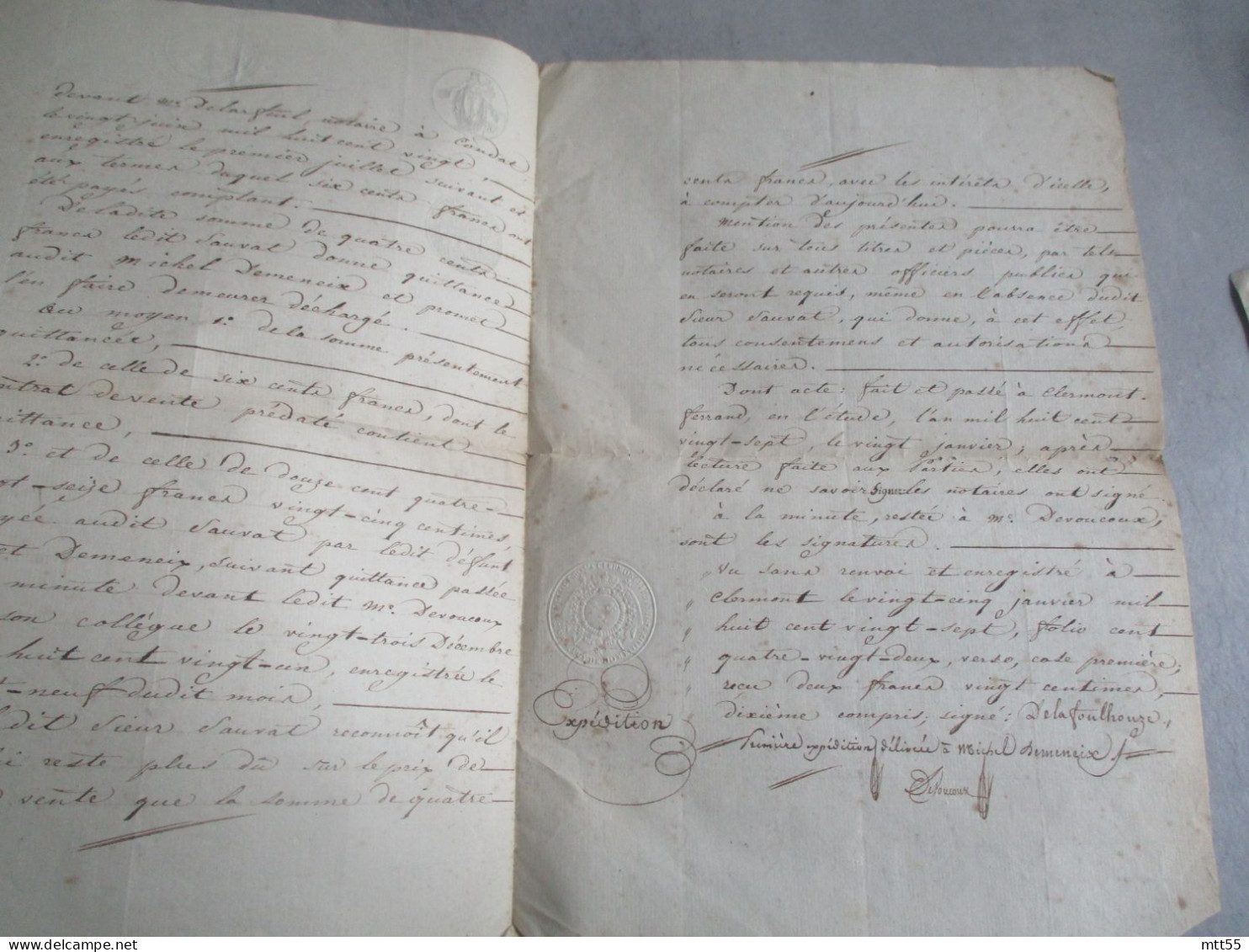 1827  PUY DE DOME  TIMBRE SEC  TIMBRE FISCAL QUITTANCE SAUVAT A NOHANENT POUR DEMENEIX A MENEIX - Manuscripten