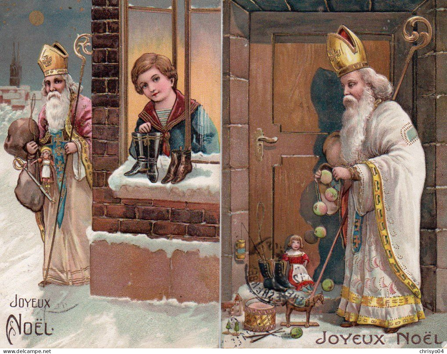 4V4Sb  Cartes Gaufrées Noël Santa Claus Pére Noël Lot De 2 Cpa De La Même Correspondance - Santa Claus