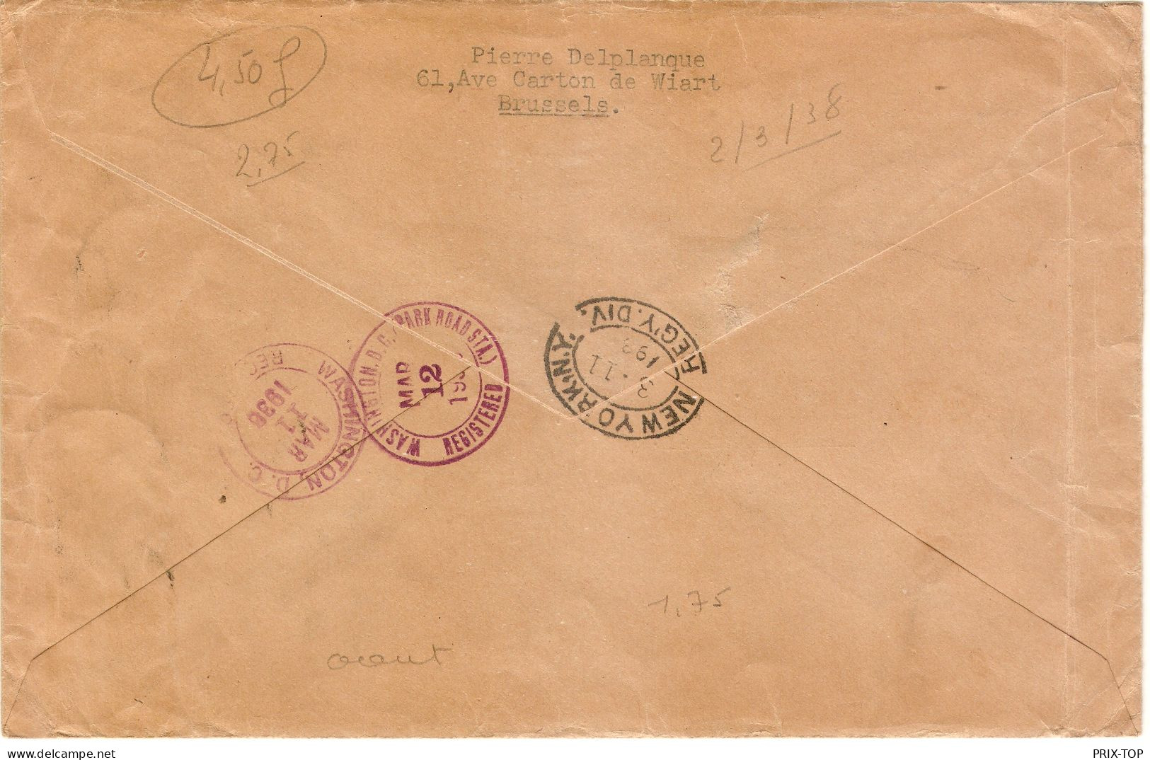 TP 428 (4) - 426 S/L. Recommandée Obl. Koekelberg 2/3/1938 > Usa Washington C. D'arrivées - Brieven En Documenten