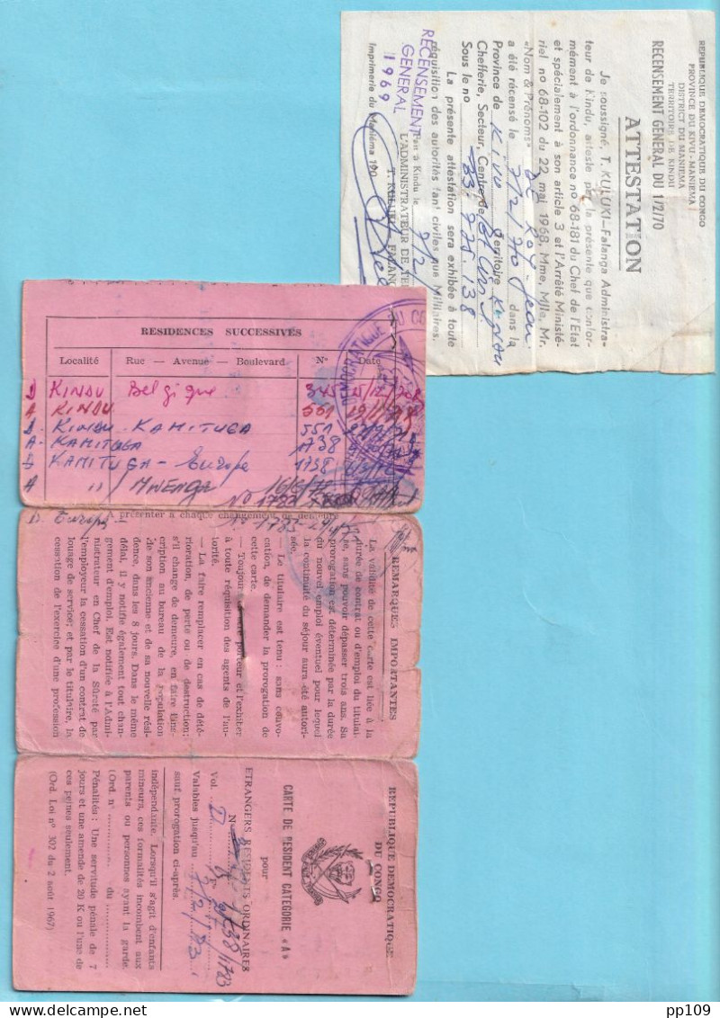 REPUBLIQUE DEMOCRATIQUE DU CONGO Carte De Résident Pour étranger  Territoire De KINDU - Province Du KIVU Validité1970-73 - Historische Dokumente