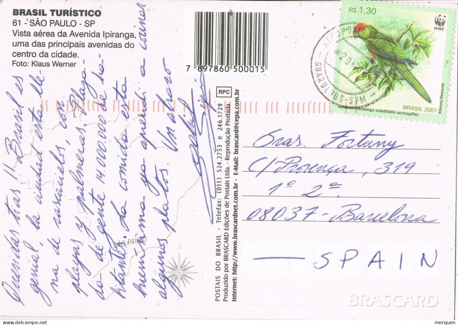 54992. Postal Aerea Aeropuerto GUARULHOS (Sao Paulo) Brasil 2001. Stamp Jandaia, Lorito Brasileño - Lettres & Documents