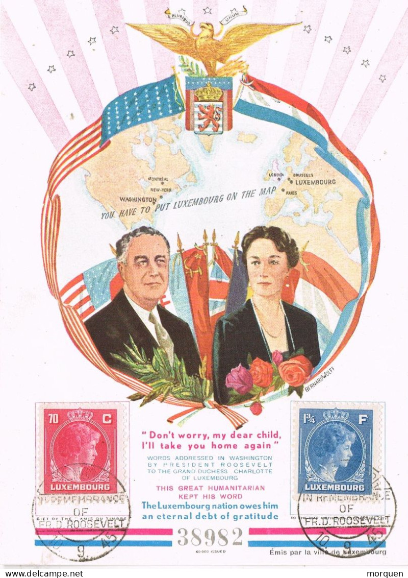 54994. Tarjeta Papel LUXEMBOURG 1945. En Memoria De ROOSEVELT And Grand Duchess Charlotte, Numerada - Nordmazedonien