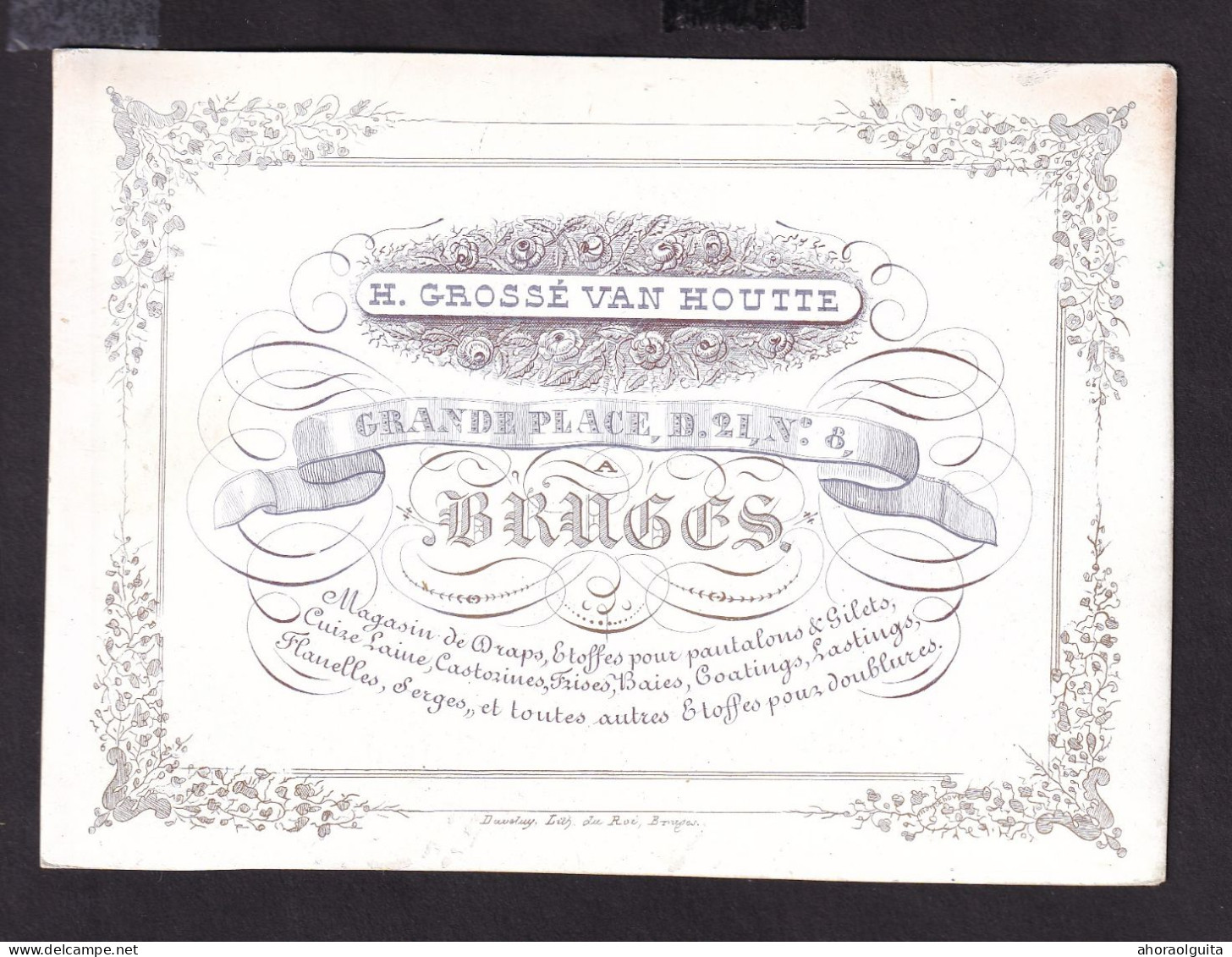 590/29 -- BRUGES CARTE PORCELAINE - Carte Illustrée Grossé Van Houtte, Magasin De Draps, Etoffes  - Litho Années1840/50 - Cartes De Visite
