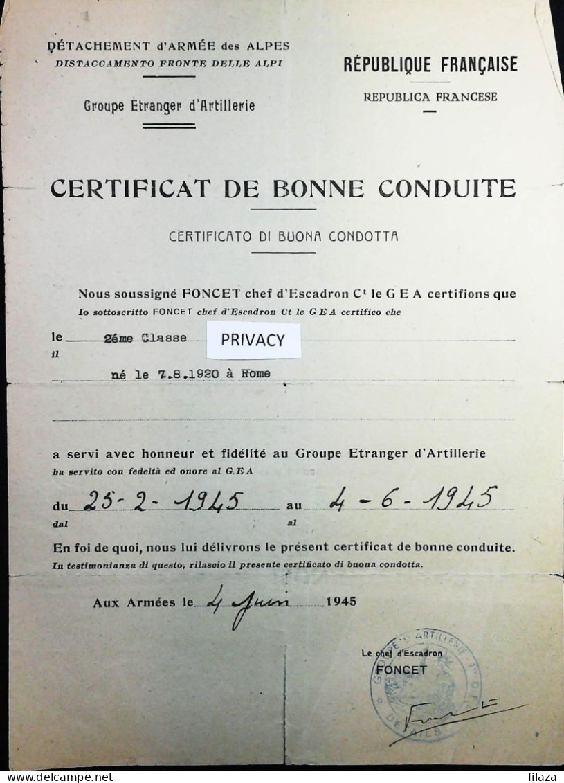 WW2 – 1945 FRANCE - CERTIFICAT DE BONNE CONDUITE - ARMEE' DES ALPES - S6950 - Documentos
