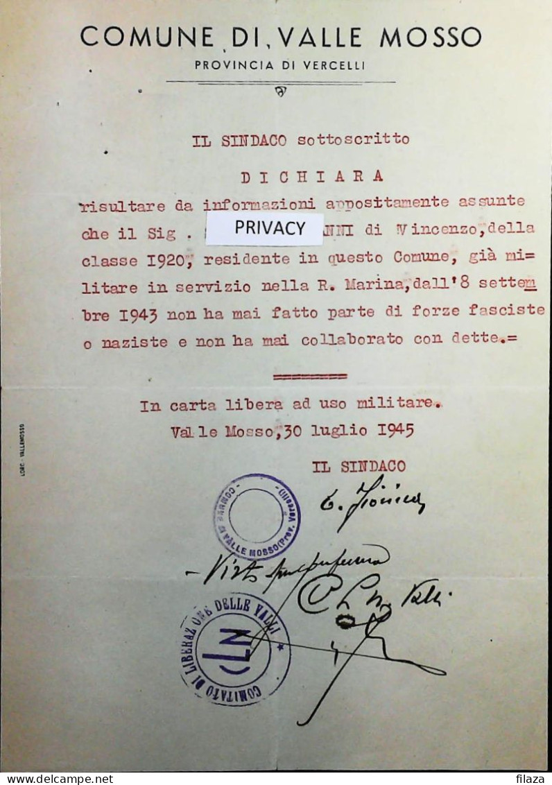 WW2 – 1945 CLN VALLE MOSSO - COMITATO LIBERAZIONE NAZIONALE - Partigiani – S6883 - Documentos