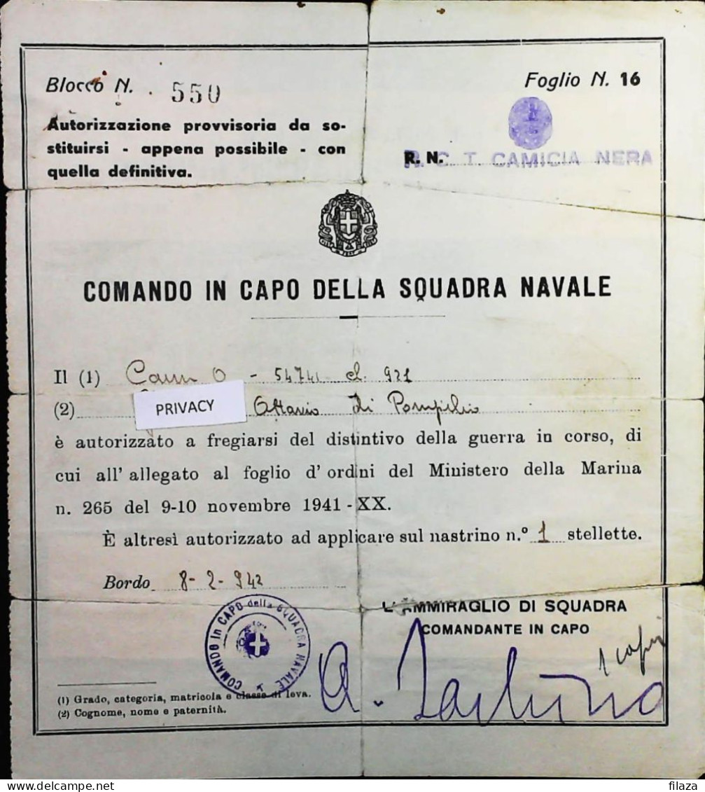 WW2 – 1942 DIPLOMA DISTINTIVO DI GUERRA NAVE "CAMICIA NERA" - S6918 - Documenten