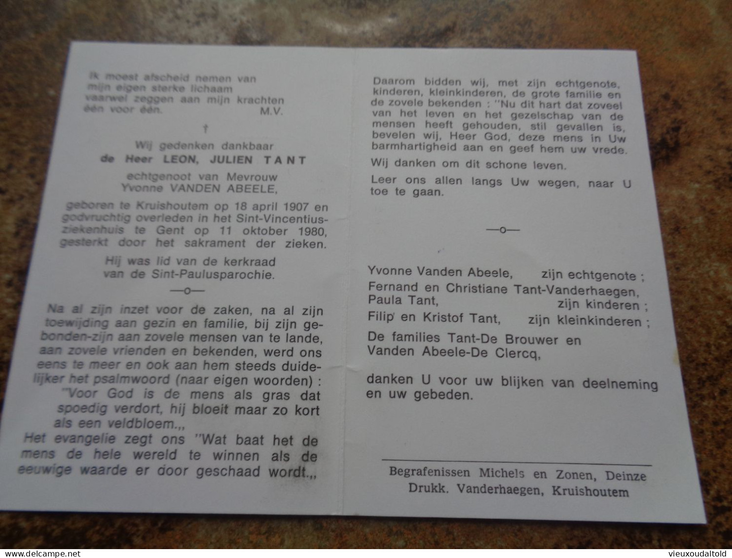 Doodsprentje/Bidprentje  LEON JULIEN TANT   Kruishoutem 1907-1980 Gent  (Echtg Yvonne VANDEN ABEELE) - Godsdienst & Esoterisme