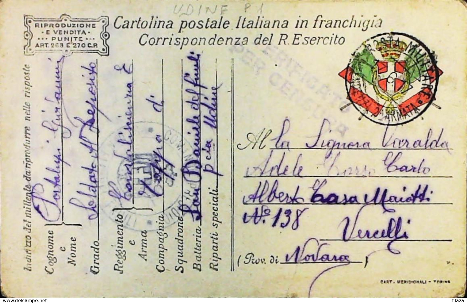 ITALY - WW1 – WWI Posta Militare 1915-1918 – S8029 - Military Mail (PM)