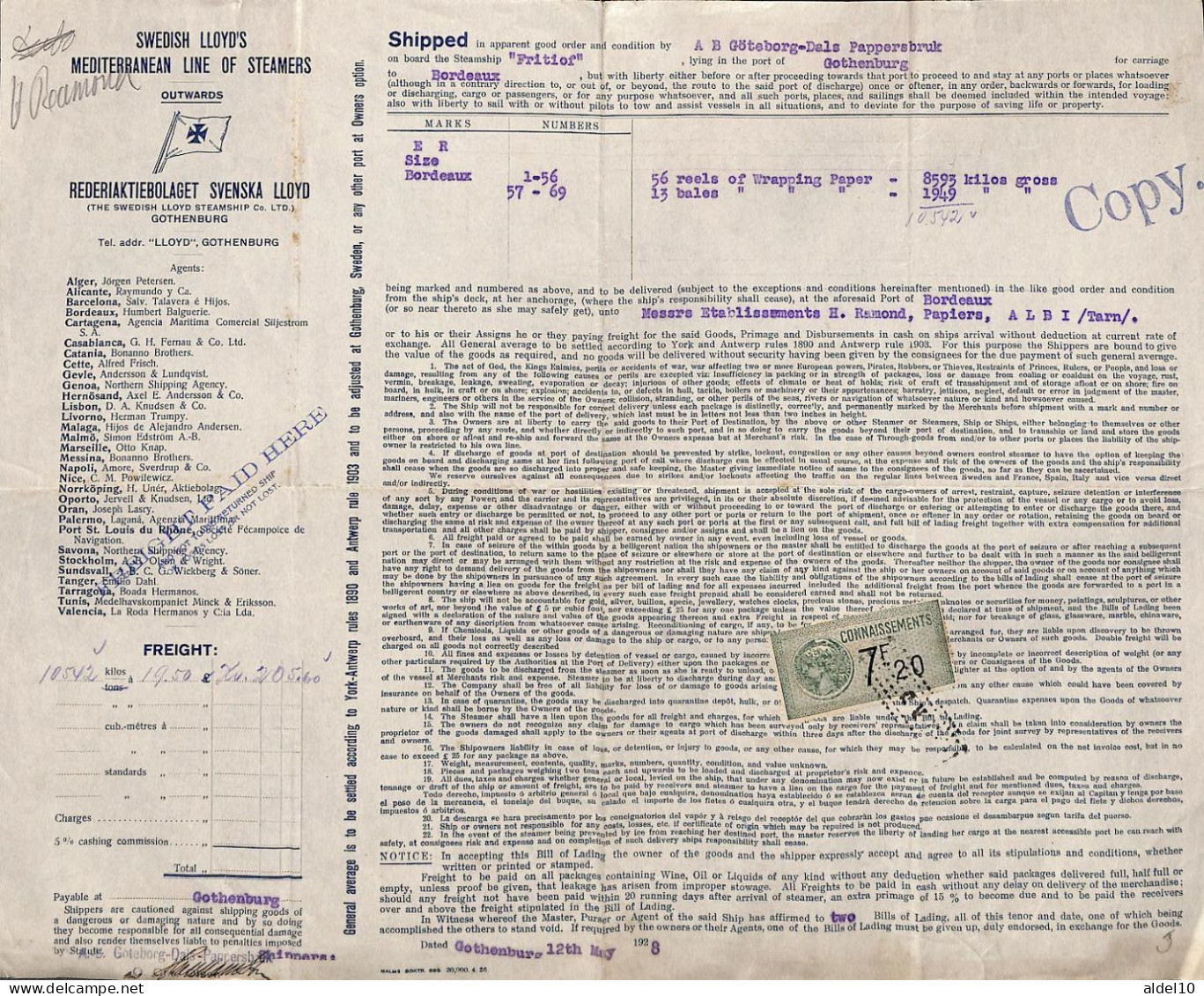 Connaissement De Suède Pour Bordeaux 1926 Timbre Valeur 7F20 - Lettres & Documents