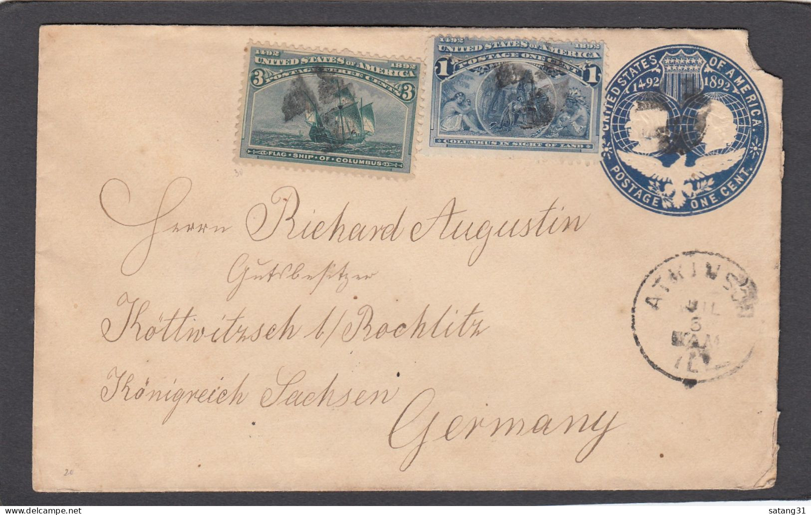 ENTIER POSTAL AVEC AFFRANCHISSEMENT COMPLEMENTAIRE(2 TIMBRES "COLUMBUS") DE ATKINSON POUR KÖTTWITZSCH,PRES DE ROCHLITZ,A - ...-1900