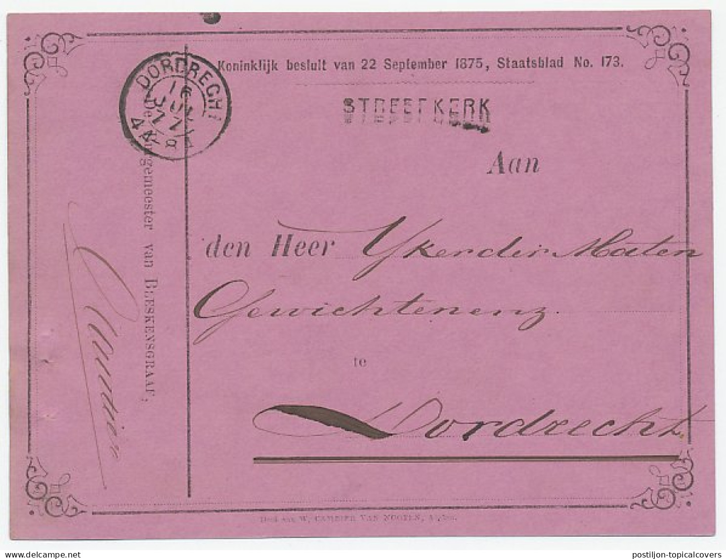Naamstempel Streefkerk 1877 - Brieven En Documenten