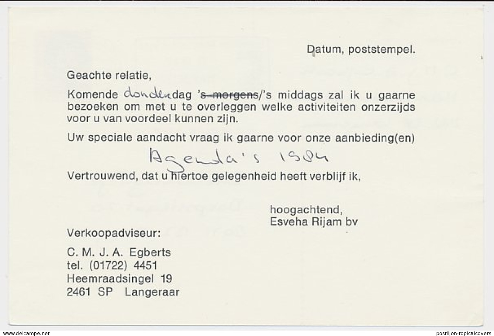 Briefkaart G. 360 Particulier Bedrukt Langeraar 1983 - Material Postal