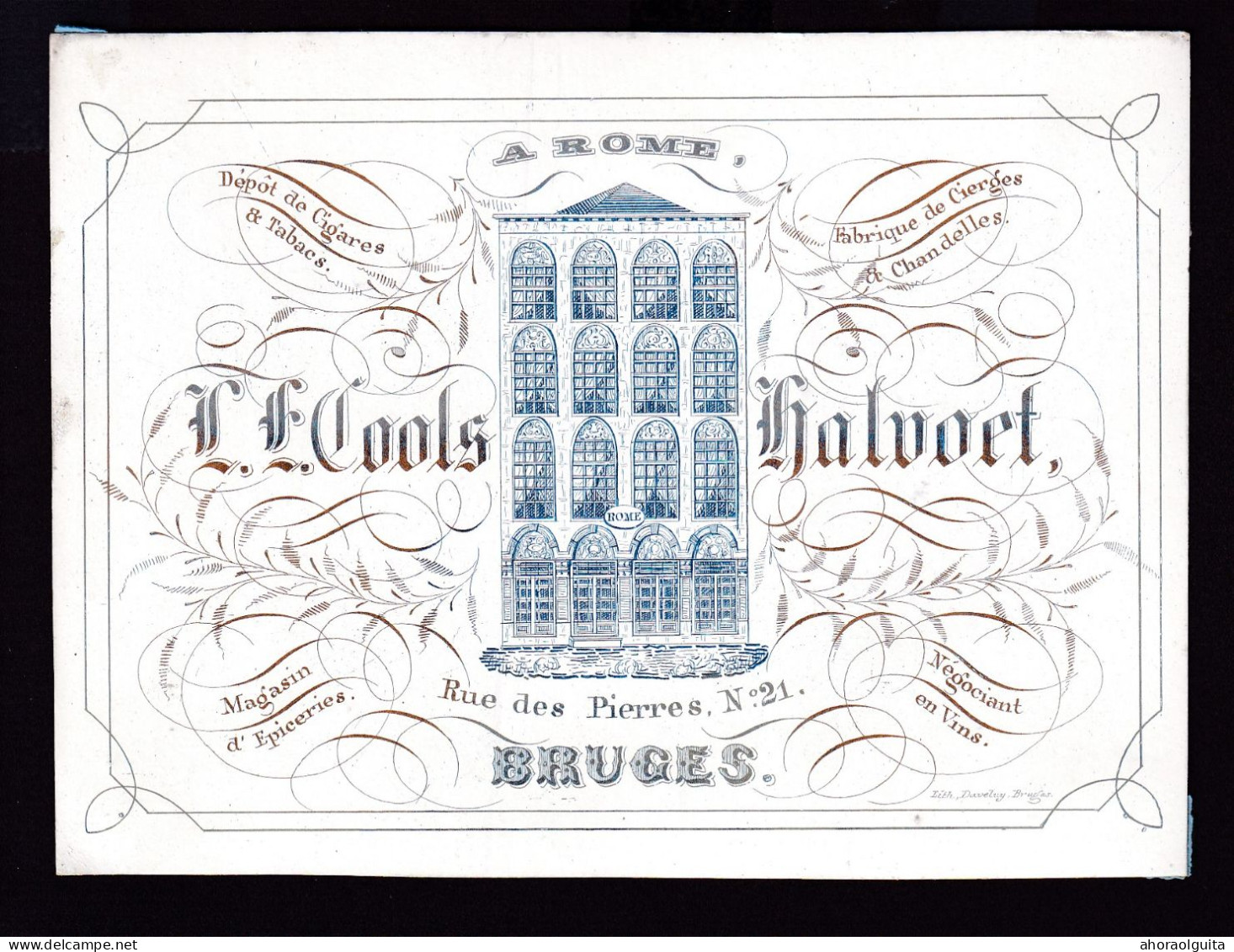 594/29 -- BRUGES CARTE PORCELAINE - Carte Illustrée Cools-Halvoet, Tabac, Cigares, Vins, Epiceries - Litho Années1840/50 - Visiting Cards