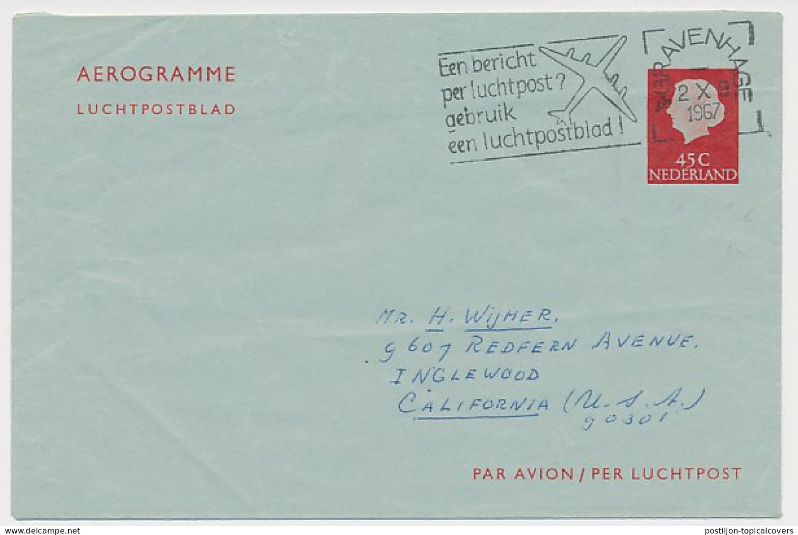 Luchtpostblad G. 19 Den Haag - California USA 1967 - Postal Stationery