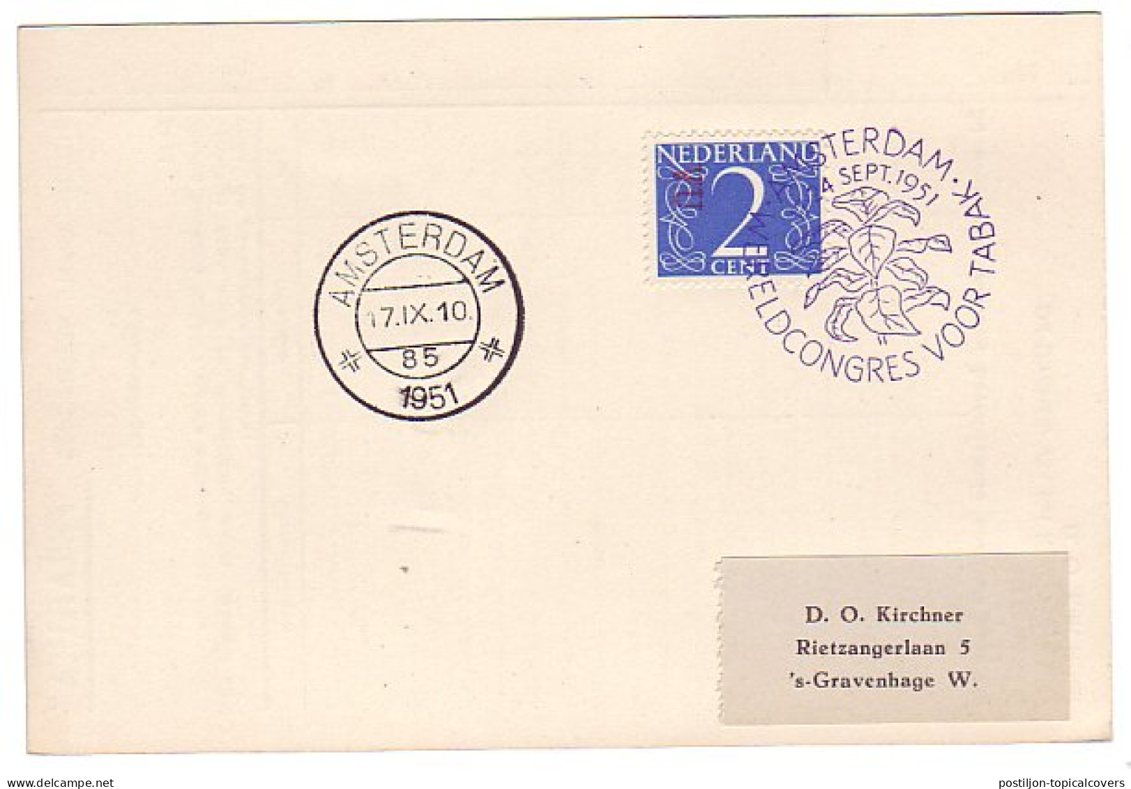 Card / Postmark Netherlands 1951 World Congress Tobacco - Tabac