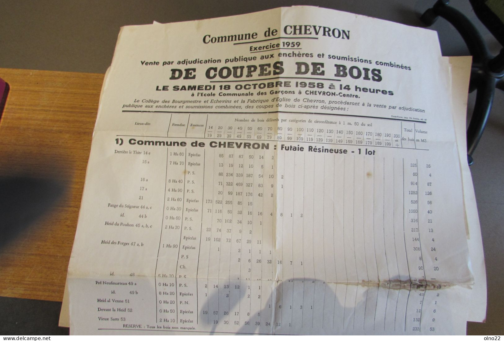 COMMUNE DE CHEVRON - COUPES DE BOIS - ENCHERES 1958 - LOTS -  - VOIR SCANS - Plakate